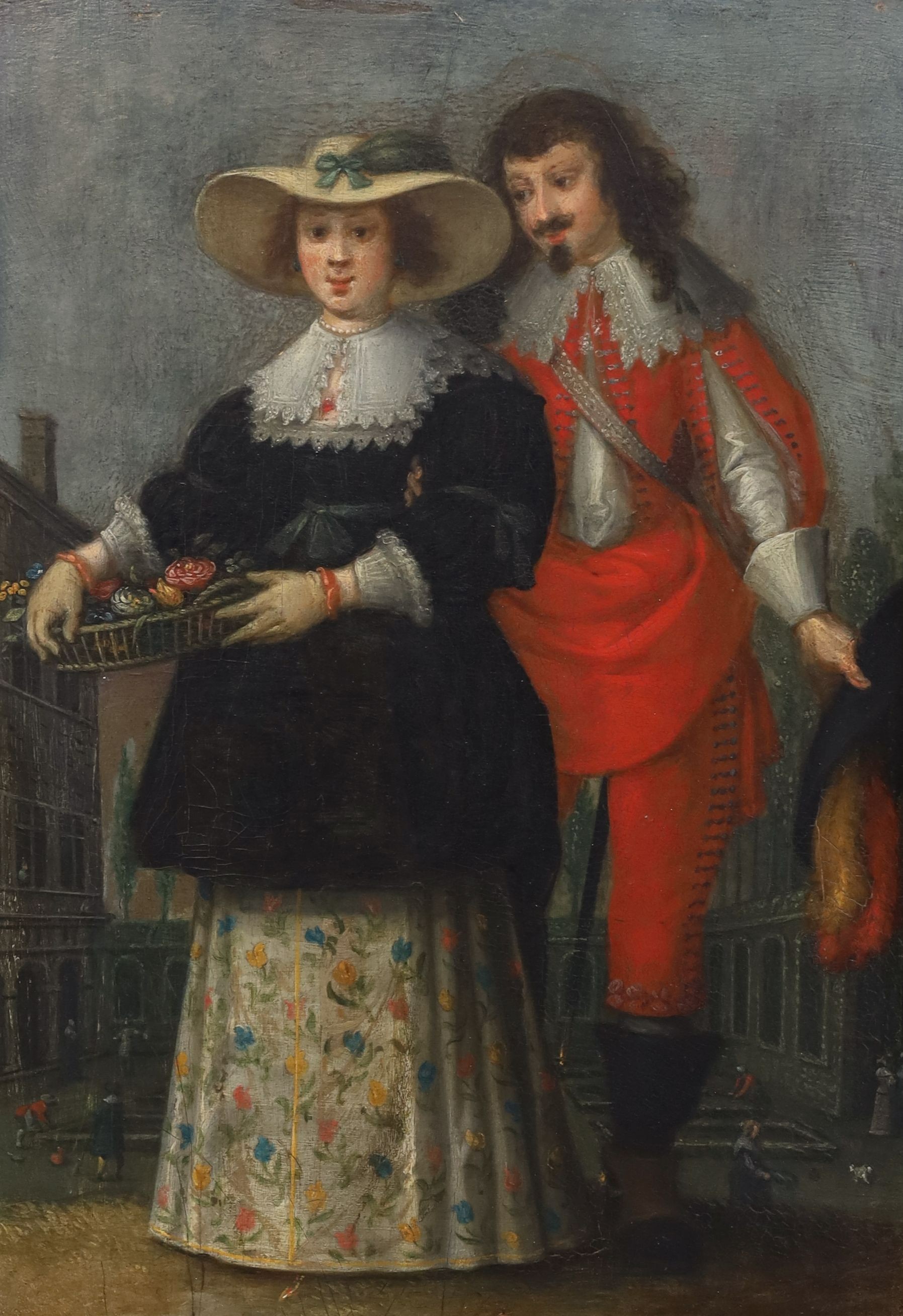Follower of Nicolaes Eliazoon Pickenoy (Dutch, 1588-1656), Study of a courting couple, she holding a basket of flowers, he in a vermillion suit, a courtyard beyond, oil on wooden panel, 34 x 23.5cm